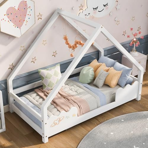 YESGIGA Hausbett Kinderbett 90x200cm mit Rausfallschutz Spielbett Jugendbett Massivholz (Weiß, 80x160cm)