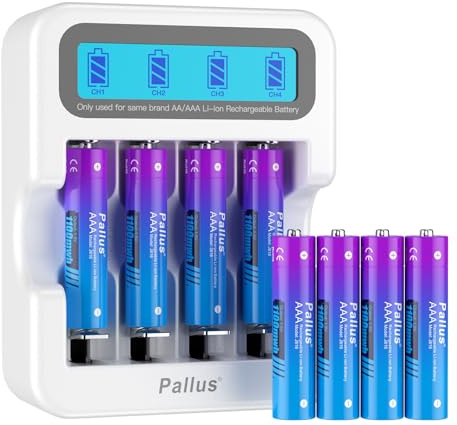 Pallus Lot de 8 piles au lithium rechargeables AAA 1100 mWh, haute capacité 1,5 V, piles Li-Ion rechargeables avec chargeur à écran LCD