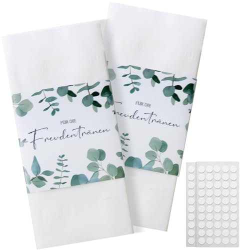 ZOCONE 100 Stück Deko für Zeremonie Hochzeit Freudentränen Taschentücher Banderole, Eukalyptus Design Hochzeit Taschentuch Banderolen als Deko für Gäste-Taschentücher Hochzeits Deko für Zeremonie (A)