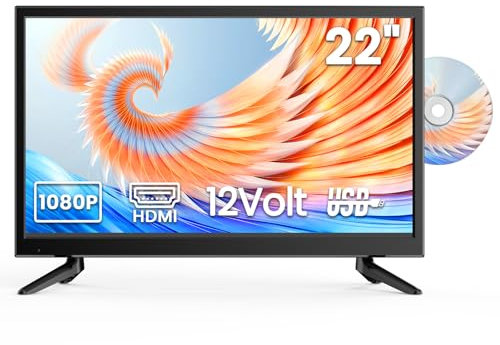 DESOBRY 22 Zoll Kleiner Fernseher 1080P Integriertem DVD-Player, Mini TV Integriertem DVB-T2-Tuner, mit Antenne, HDMI/USB/AV-Eingang – 12V TV-DVD-Kombination für Wohnmobile, Küchen und kleine Räume