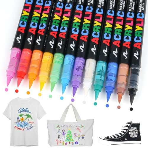 Tikplus Textilstifte Waschmaschinenfest, 12 Stück Stoffmalstifte Waschfest, Weicher Kopf Stoffmalfarben Permanent Textilmarker, Textilfarbe für T-shirt, Stoffbeutel, Einkaufstasche, Segeltuchschuhe