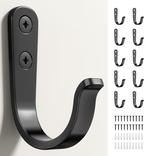 jockcaras 10Pcs Wall Hooks for Bathroom, Kitchen, Closet, and Garage - Black Metal Hooks for Hanging Coats, Towels, Hats, Keys, Bags, and Coffee Cups - Holds Up to 40 lbs