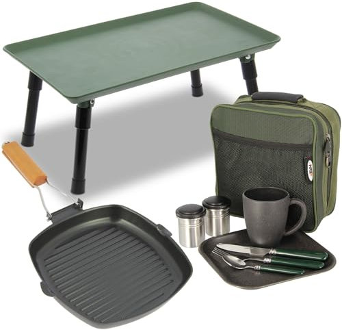 Camping Bivvy Table with Cutlery Set and Non-Stick Frying Pan Complete Outdoor Dining & Cooking Gear for Hiking, Carp Fishing & Picnics NGT