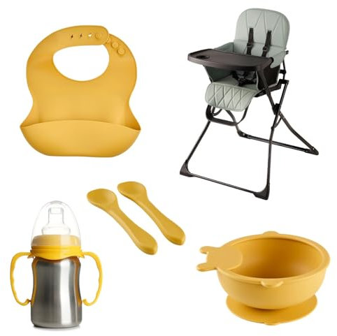 THERMOBABY - Pack Repas Bébé Complet HANDY - Chaise Haute Pliable Et Compacte, Bavoir En Silicone, Tasse En Inox, Cuillères, Bol Antidérapant - Pratique, Confortable Et Design Pour Premiers Repas Bébé