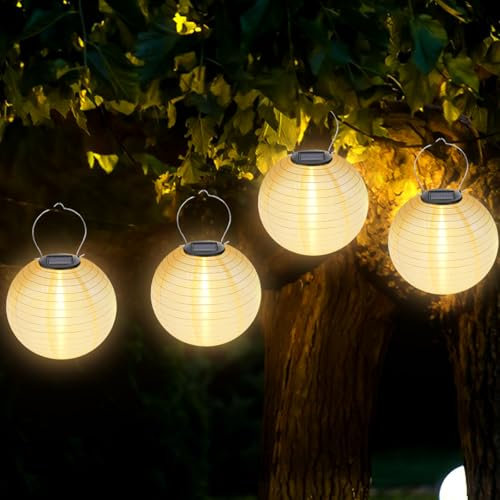 4 Stück Solar Lampions Außen Wetterfest: 20cm LED Laterne Wasserdicht Warmweiß Hängende Solar Gartenlaterne, Lichterkette Lampion für Garten, Terrasse