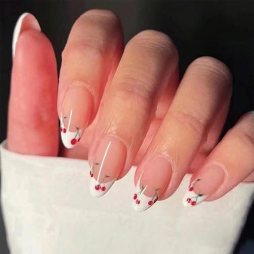 GlamRays Ongles autocollants français blancs amande été cerise faux ongles moyenne longueur 24 pièces