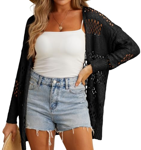 GRECERELLE Strickjacke Damen Sommer Leichte Open Front Knitted Cardigan Damen Lang Häkeljacke Beach Cover Up für Urlaub, Pool, Strand und Party