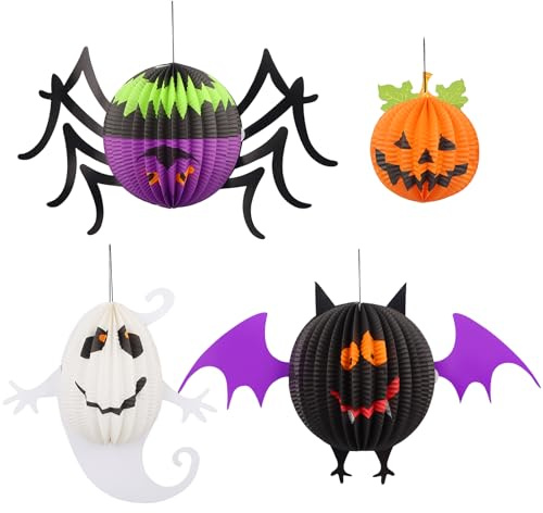 4 Stück Halloween Lampions Kinder, Halloween Laterne Papier, Faltbar Papierlaterne Dekoration, Kürbis Lampions Kinder für Halloween Party Dekoration