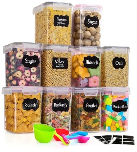 10-Pack Airtight Food Storage Containers (1.6L) with Lids – BPA-Free Pantry Organizer Set – Stackable Plastic Kitchen Containers for Cereal,Flour,Sugar,Rice,Pasta,Snacks & Dry Food (5 Pink+5 Black)