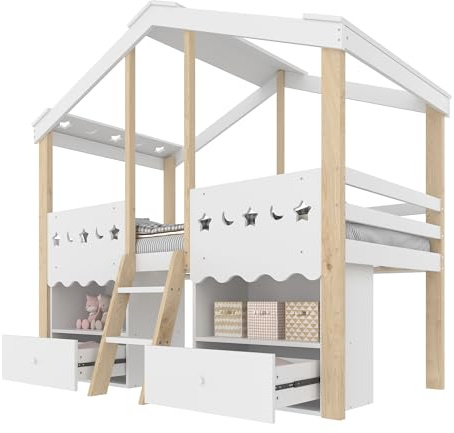 Azkoeesy Kinderbett Hausbett 90 x 200 cm mit 2 Schubladen und Ablage-Unterbett, Fallschutz Zaun im Mond- und Sterndesign, Kinderhochbett mit Lattenrost, weiß mit Natur