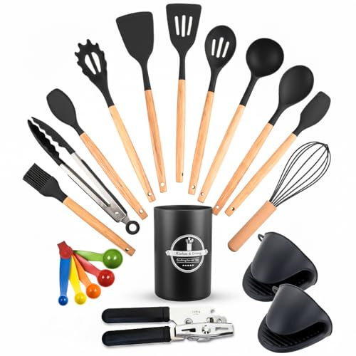 Black Silicone Utensils Set with Wooden Handles | 20 Pcs Non-Stick Kitchen Utensil Set Heat Resistant Spatulas Gadgets with Holder
