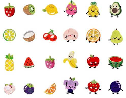 Tapufitil 24 Stück Früchte Patches zum Aufbügeln, süße Obst Bügelbilder für Textilien, Kinder Bügelpatches zum Aufbügeln auf Kleidung und Taschen