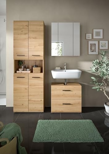 möbelando freiraum Badkombination 3-teilig – Hochschrank, WBU & Spiegelschrank – 135x185x30 cm – Artisan Oak – FSC®-Zertifiziert – Modernes Badezimmer-Set
