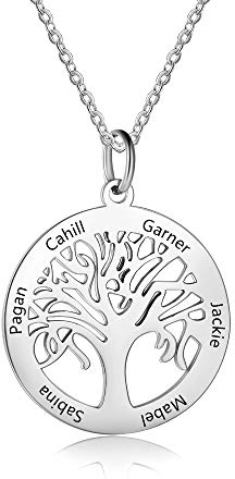 Grand Made Personnalisé 6 Noms Collier en Argent avec Pendentif Arbre de Vie avec Cadeau gravé pour Grand-mère pour Femme pour Femme Famille Bijoux