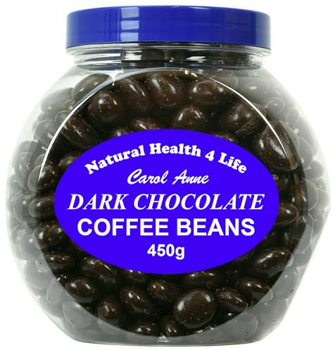 Natural Health 4 Life Carol Anne Confectionery Dark Chocolate Coffee Beans 450g, Chocolate Covered Coffee Beans in Recyclable Gift Jar, 5.4g Protein/100g, Snack for Gifting, Baking (1 Jar)
