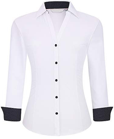 Alex Vando Chemise Femme Coupe Classique Manches Longues Chemise de Travail Extensible, Blanc, M