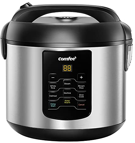 COMFEE' Rice Cooker, 6-in-1 Stainless Steel Multi Cooker, Slow Cooker, Steamer, Saute, and Warmer, 2 QT, 8 Cups Cooked(4 Cups Uncooked), Brown Rice, Quinoa and Oatmeal, 6 One-Touch Programs