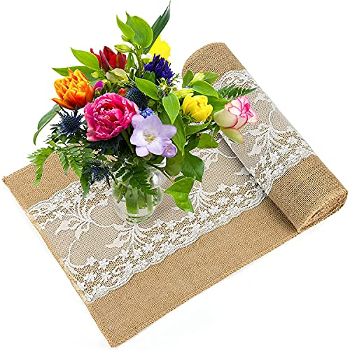 3 Stück Jute Tischläufer 30×275cm Natürliches Sackleinen Tischband mit Spitze für Hochzeit Festival Tischdekoration (Stil 1 - 3 Stück)