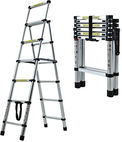 Aluminum Telescoping Ladders Multi-Purpose Ladder 5 6 Step Ladders (1.7M-2M) with EN131 Certified, Max Capacity 150KG/330lbs For Outdoor & Indoor Use