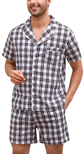 Irdcomps Pigiama Uomo Estivo Cotone Corto A Quadri Pigiami Due Pezzi da Uomo Pigiama da Notte Maniche Corte Manica Comodo Abbigliamento Casual da Casa Morbido e Confortevole Nero+Bianco L