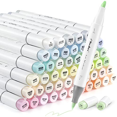 Ohuhu Marqueurs Pastel 48 couleurs, pointe double face pour feutre a alcool grossier, pour dessins et bandes dessinées, pinceaux fins pour croquis, calligraphie