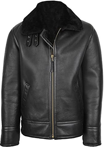 Herren Lammfell Flieger-Lederjacke Schaffell Mantel Oscar Schwarz, Schwarz , XXXL