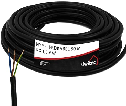 siwitec NYY-Kabel, NYY-J 3x1,5 mm², 50 m, Erdkabel, Installationskabel, Erdleitung, Kabelring - Made in Germany