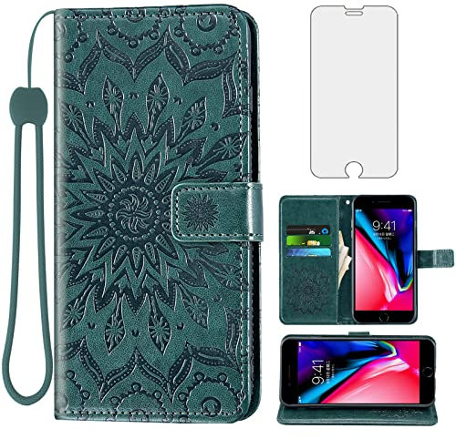 Phone Case for iPhone 7plus 8plus 7/8 Plus Wallet Cases with Tempered Glass Screen Protector Leather Flip Cover Card Holder Stand Cell Accessories i Phone7s 7s + 7+ 8s 8+ Phones8 Women Men Dark Green