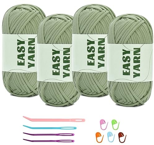 4 X 50g Häkelgarn Wolle zum Häkeln Dickes Garn Häkelwolle Crochet Yarn Chenille Wolle zum Häkeln gut Sichtbare Maschen, Dicke zum Häkelns Dickes Baumwoll-Nylon-Hellgrünes mit Häkelzubehör