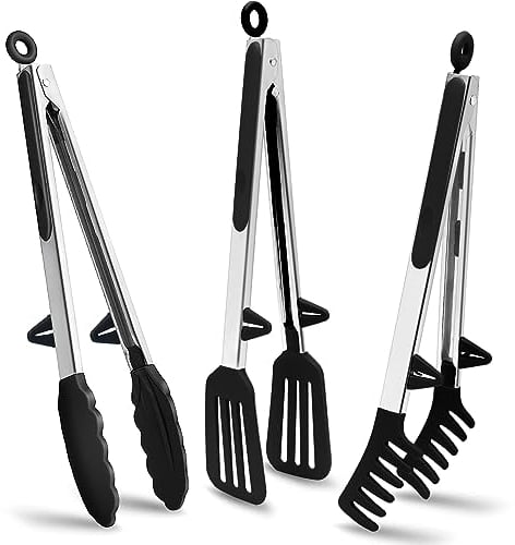 Pinze da Cucina Acciaio Inoxe, 30cm Pinza Barbecue Silicone per Spaghetti Insalata BBQ Carne Pasta, Nero