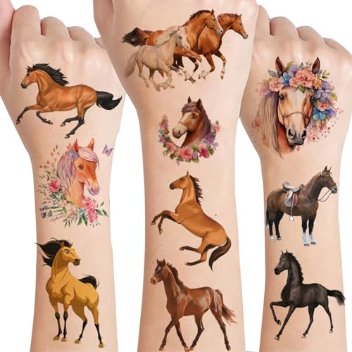 Drookaen Tattoo Kinder, 8 Blätter Pferde Tattoos für Mädchen Jungen Tatoos, Pferde Spielzeug, Wasserdichte Kindertattoos Aufkleber, Pferde Mädchen Geschenke ab 5 6 7 8 9 10 11 12 Jahre