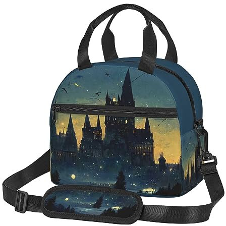 Putdidi Wizard Castle - Bolsa de almuerzo de Halloween para mujeres y hombres, con aislamiento, con cremallera, para el trabajo, picnic, playa, tela resistente al agua con bolsillos exteriores