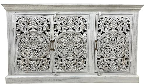 Sideboard Jeevan indische Kommode aus Mangoholz mit floral Schnitzerei Oriental Schlafzimmer Weiß 140 cm