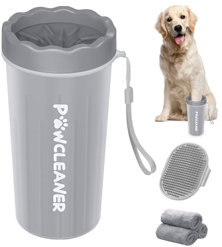 Comotech Paw Cleaner for Large Dogs (with Bath Brush & 3 Absorbent Towels) - Foot Washer with Adjustable Ring Handle for Long Short Haired Dogs (Large, Grey)