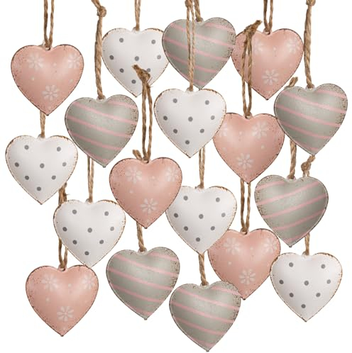 Logbuch-Verlag 18 kleine Herzanhänger mit Schnur aus Metall Osteranhänger rosa weiß grau Herz Anhänger Ostern Hochzeit Geschenk 4 cm