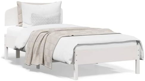 vidaXL Massivholzbett mit Kopfteil, Bett mit Sperrholzlatten, Einzelbett für Schlafzimmer, Holzbett Bettgestell, Weiß 90x200cm Massivholz Kiefer