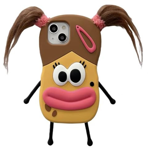 QoKcoahn Schutzhülle für iPhone 14 Pro, niedliche 3D-Kawaii-Handyhüllen, lustig, geflochtene Wurstmund, Mädchen, Cartoon-Hülle mit Schlüsselanhänger, weiches Silikon-Gel, Fallschutz, für Damen und