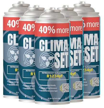 ClimaSet Recambio gas R1234yf - Kit recarga aire acondicionado coche 5x235 g - Sustituto del refrigerante R1234yf - botella refrigerante coche - Gas aire acondicionado coche - ECO