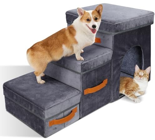 HEVOL Haustiertreppe 3 Stufen, Faltbare Hundetreppe mit Aufbewahrungsbox und Katzenloch, Hunderampe mit Waschbarem, Hunde Treppe Katzentreppe für Bett und Sofa