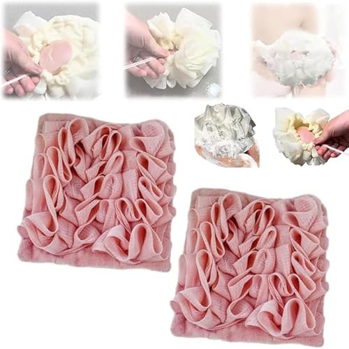 Éponge de bain 2 en 1 : luffa doux et gant de toilette avec cordon de serrage, capable d'envelopper la boule de bain éponge luffa, éponge exfoliante en maille pour gel douche (rose)
