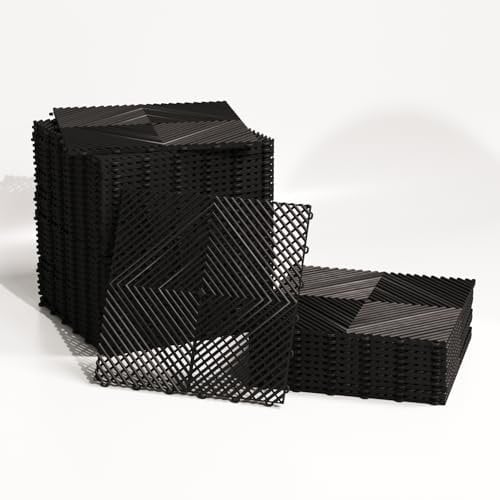 Lot de 25 Dalles Clipsables Sol Garage, Terrasse, Salle de Sport (4 m²) – Dalles PVC 40x40 cm Ultra Résistantes – Surface Antidérapante et Drainante – Faciles à Installer. Intérieur/Extérieur (Noir)