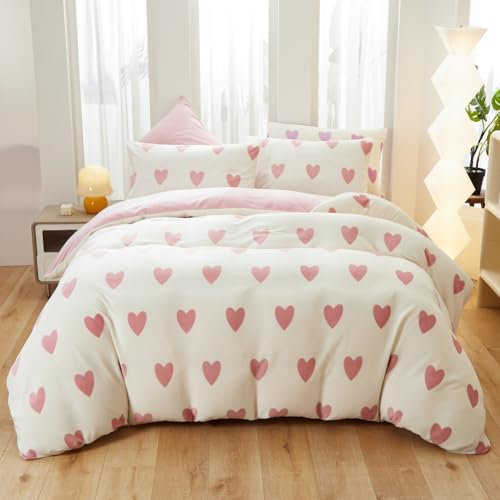 Covebett Winter Flanell Bettwäsche 200x220 Herzen Rosa Weiß Warme Biber Plüsch Wende Winterbettwäsche 3teilig, Flauschig Fleece Mädchen Bettbezug und 2 Kissenbezug 80x80 mit Reißverschluss