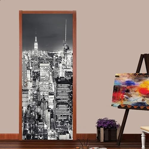 Sticker Porte Poster la ville de new york en noir et blanc Papier Peint Effet trompe-l'œil Pour Salon Chambre Décoration De La Maison Stickers Muraux Imperméable Stickers Amovibles（83 x 204cm）