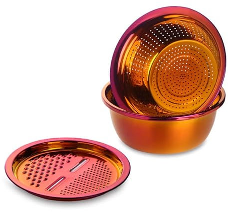 Nvzi 3 Stück Edelstahl Küchenwerkzeuge 3-in-1 Abflusskorb Obst- und Gemüseschneider Sieb Schüssel Set Abfluss Topf Korb Reibe für Obst Gemüse Waschen Reismischung - Magisches Rot