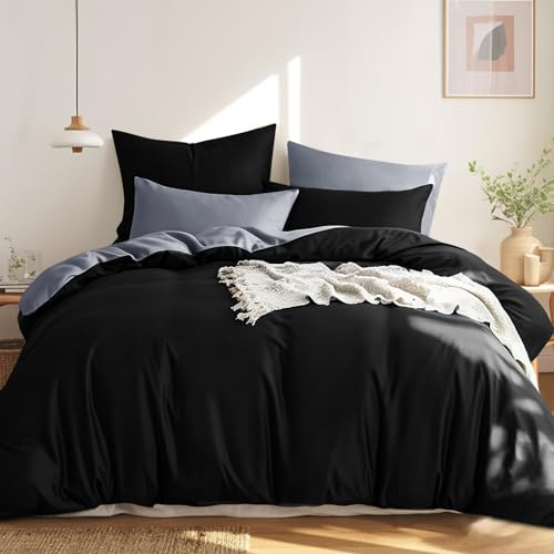 RUIKASI Bettwäsche 200x200 Baumwolle Schwarz - Bettwäsche-Sets 200x200cm 3teilig Wendebettwäsche 3tlg mit Reißverschluss, zweifarbige Bettbezug Set Schwarz und Grau Cotton