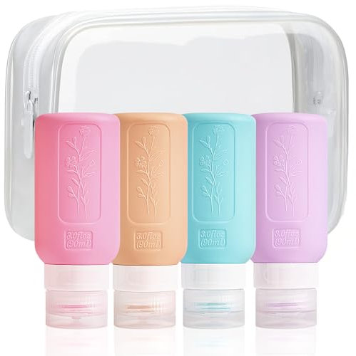 Uervoton Silicone Travel Bottle, 90ml BPA Free Leak Proof Refillable Squeezable Containers Set with Label and Transparent Carry Bag for Liquid Shampoos, Soap and Toiletries - 4 Pack
