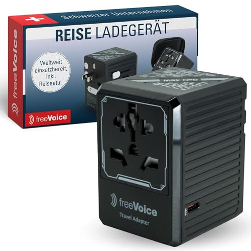 freeVoice Reiseadapter weltweit | Stromadapter für über 180 Länder | Universal Adapter mit 4X USB-C, 1x USB-A, & 1x AC-Port | Reisestecker Adapter weltweit 45W | Travel Adapter inkl. Reiseetui