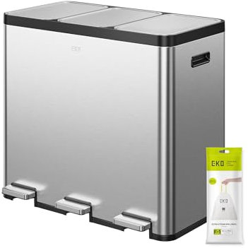 EKO EcoCasa Recycling Bin 20L+20L+20L, Stainless Steel 3 Compartment Rubbish Bin with Individual Pedals for Kitchen Waste Separation, Plastic Inner Buckets and Handles, Soft Closure, Matte Metallic