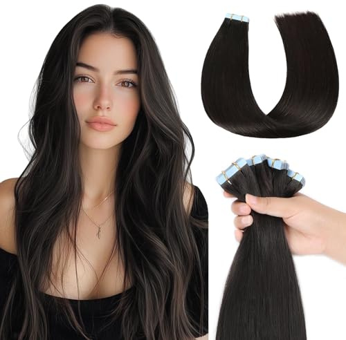 MissMe Tape Extensions Echthaar Remy Haarverlängerung Echthaar 50cm #1B Naturschwarz Invisible Tape in Extensions Echthaar 50g 20 Stück 20 Zoll Skin Weft Tape Ins Natürlich Erweiterungen