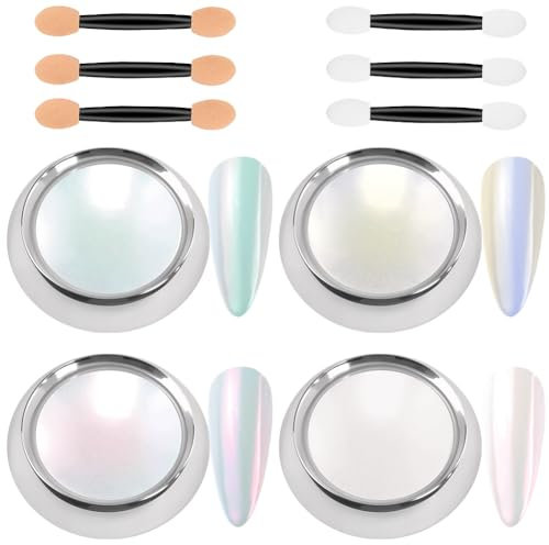 LOPHE Chrome Nail Powder, 4PCS Pearl Upgrade Metallic Holo Nail Powder Metallic Mirror Glitter Effect Aurora Pearlescent Nails Chrome Powders Glazed Donut Nails Powder for Nail-Art Design Decoration